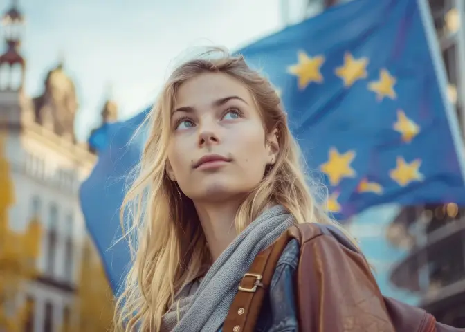 Junge Frau vor einer EU-Flagge, denkt über Medizinstudium in Europa nach