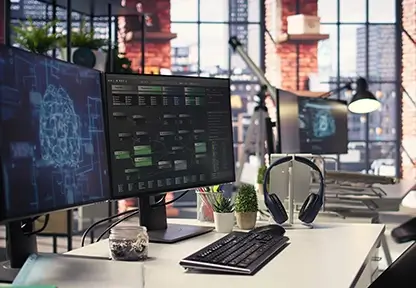 Blog PlanZ, Schreibtisch mit Computern und Kopfhörer